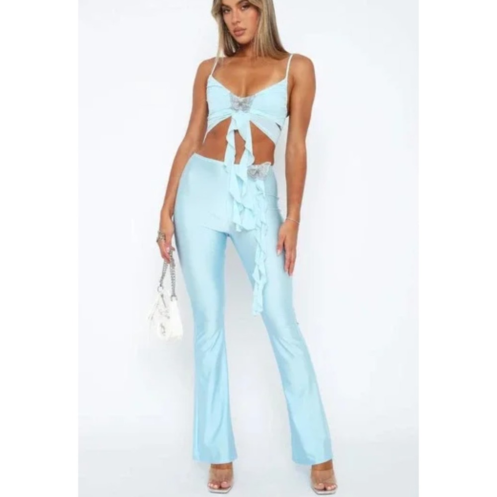 NEW White Fox Boutique Touch the Sky Baby Blue Butterfly Flare Pants Size M